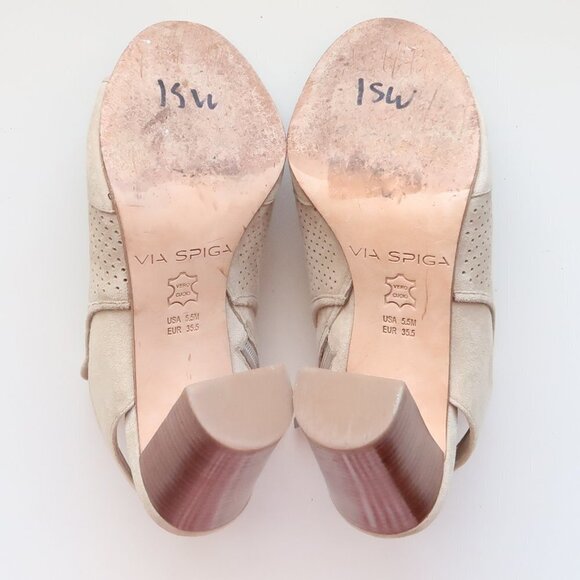 Via Spiga Beige Suede Leather Peep Toe Block Heel Perforated Bootie Shoes 5.5 - Picture 7 of 16